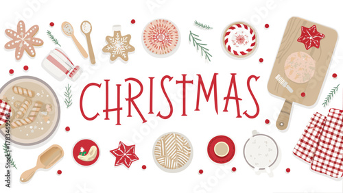 Festive christmas flat lay with holiday treats gingerbread cookies and candy canes arranged around the word christmas