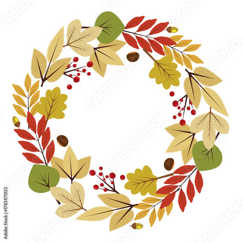 round frame made of bright fallen autumn leaves, with an empty space in the center, with the inscription hello autumn. vector illustration of an autumn wreath