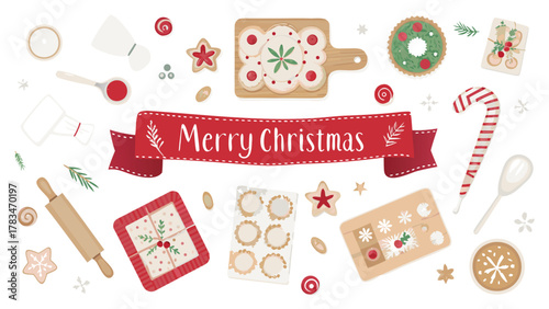 Festive flat lay of christmas baking ingredients and decorated cookies with merry christmas ribbon banner