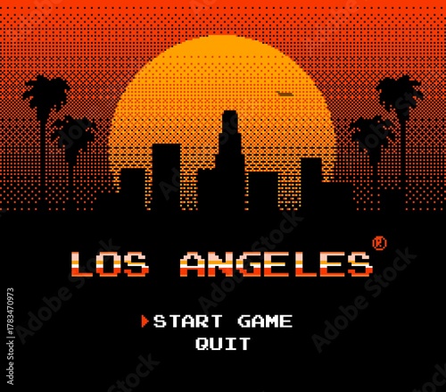 Los Angeles skyline in the retro 8 bit game consoles style. A made up game start screen. Pixel art design