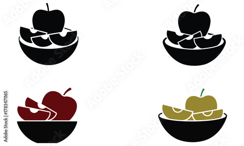 Colorful fruit bowl icon set with apple and slices on white background  
