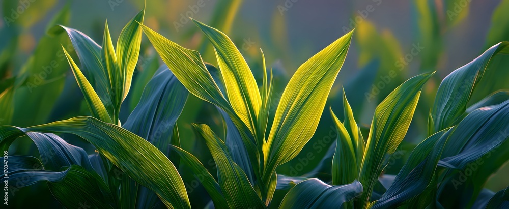 Naklejka premium The vibrant green corn leaves glow warmly in peaceful golden summer evening light