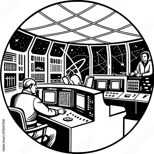 A sci-fi control room full of glowing telecommunication devices and cables.