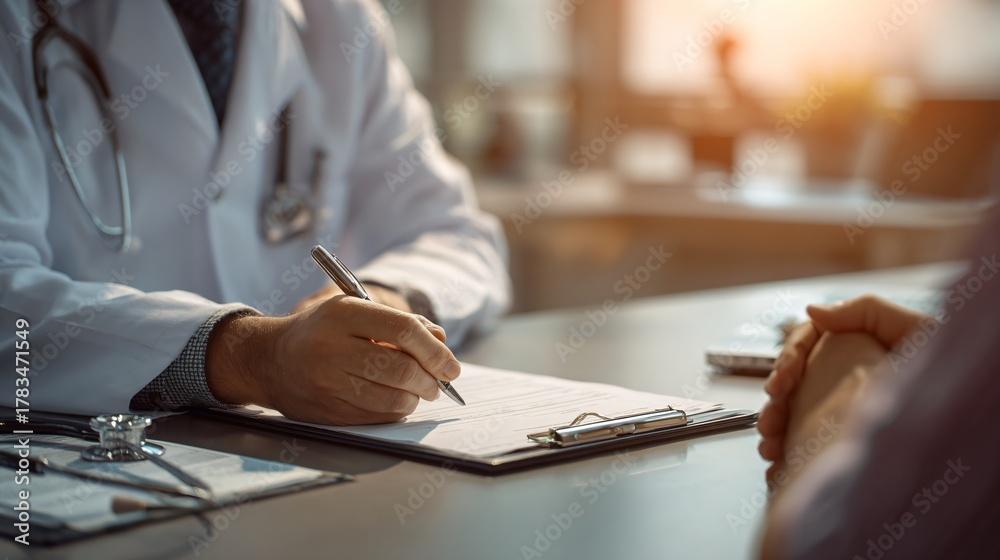 © Shoaib - Professional doctor carefully reviewing patient chart with pen in a modern clinic © Shoaib - Professional doctor carefully reviewing patient chart with pen in a modern clinic