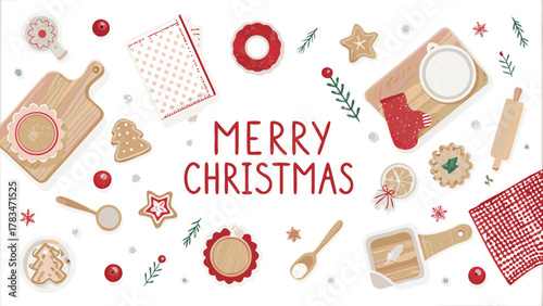 Festive merry christmas baking scene with gingerbread cookies cranberries baking tools and festive decorations on a white background