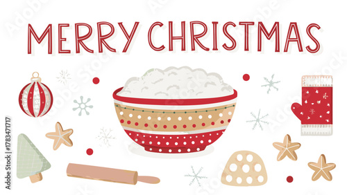 Merry christmas baking scene with ingredients and decorations including a bowl of dough rolling pin gingerbread cookies and ornaments