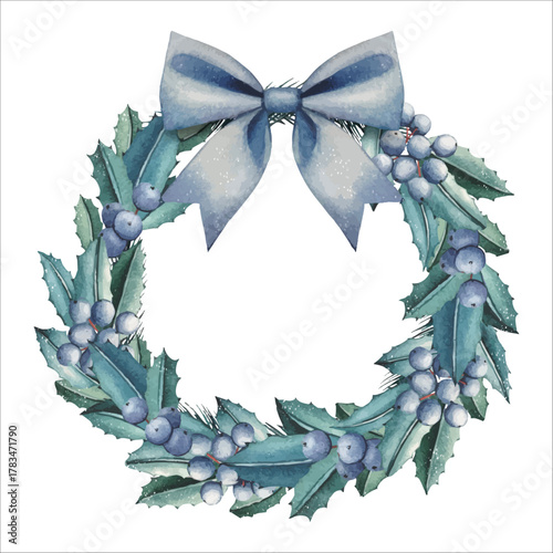 "Watercolor Christmas Wreath with Blue Berries and Ribbon for Holiday Illustrations"
