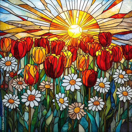 Colorful stained glass window depicting flowers and sunlight in a serene setting with vibrant hues and intricate designs Generative AI