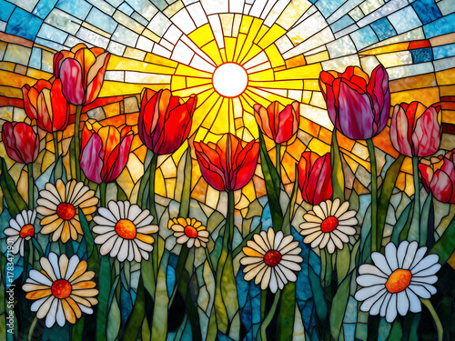 Colorful stained glass window depicting flowers and sunlight in a serene setting with vibrant hues and intricate designs Generative AI