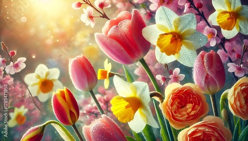 Colorful spring flowers under warm sunlight in the garden. Generative AI.