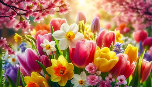 Colorful spring flowers under warm sunlight in the garden. Generative AI.
