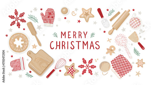 Festive merry christmas baking scene with cookies mittens rolling pin spatula whisk and snowflakes