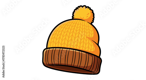 Vibrant Yellow Knitted Beanie Hat with a Fluffy Pom-Pom, a Cozy Winter Accessory Design Perfect for Cold Weather Activities and Fashion Illustrations for Comfort and Style