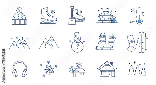 Winter season outline icon set. Collection of simple blue line art symbols for cold weather, sports, and holiday concepts