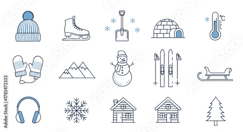 A versatile vector set of minimalist line art icons capturing the essence of the winter season, including cold weather gear, snowy landscapes, and cozy elements for various design projects
