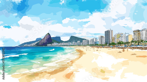 Copacabana Beach. Copacabana Beach hand drawn watercolor illustration