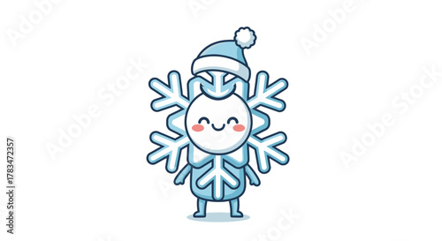 Cheerful and cute cartoon snowflake character illustration, a happy winter mascot wearing a warm beanie hat, isolated on a white background