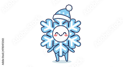 Adorable vector illustration of a happy blue snowflake character wearing a cute winter hat, bringing a touch of cheer and frosty delight to any seasonal design project or wintertime celebration