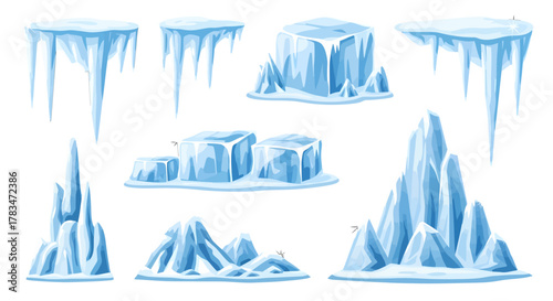 Ice formations a collection of frozen elements, including icicles and ice blocks, illustrated for design