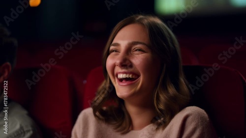 A happy woman laughing in a movie theater Stock Video