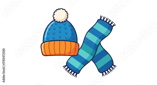 Cozy and colorful winter hat with a fluffy pom-pom paired with a striped scarf, essential accessories for staying warm and stylish during the chilly season and outdoor activities