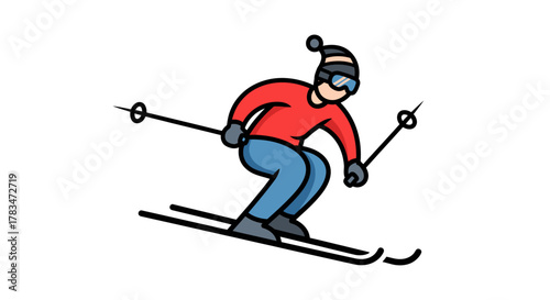 Vibrant cartoon illustration of an individual skier expertly navigating a winter wonderland, capturing the essence of downhill sports and active recreation