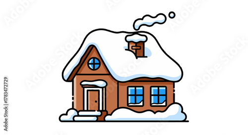 Cozy Snowy House With Smoke Coming From Chimney, Winter Wonderland Scene Illustration