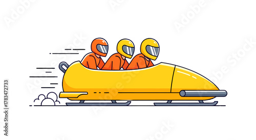 Vibrant Illustration of Three Athletes Racing Downhill in a Yellow Bobsled