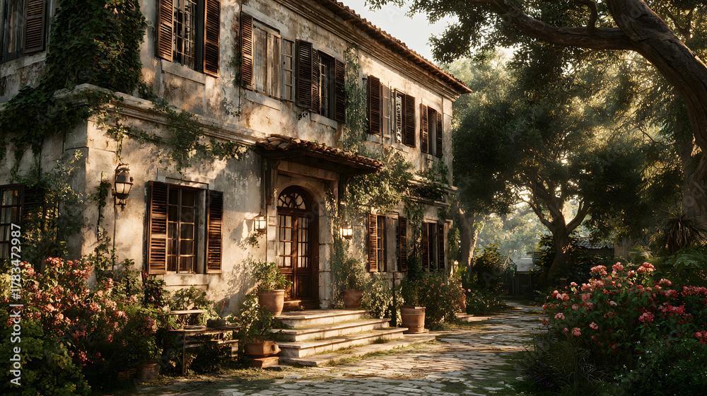 Obraz premium Fenêtres et volets roulants, maison avec terrasse et jardin
