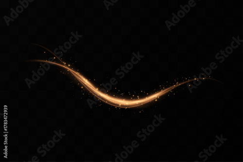 Curved golden lines light effect. Bright light. Golden glittering arc glow effect with magical dust particles effect with special lighting effect. Vector graphic.