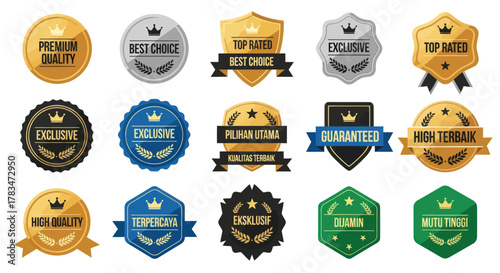 A collection of various premium quality and exclusive badges, labels, and emblems in gold, silver, blue, and black, featuring crowns, shields, and ribbons.