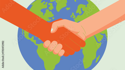 A handshake between two people in front of a globe representing global cooperation and understanding
