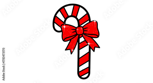 Sparkling Christmas candy cane illustration with red and white stripes and a festive glittery bow, a traditional holiday sweet treat