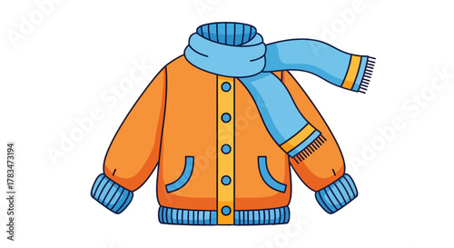 Orange winter jacket with blue scarf, cartoon style illustration of warm clothing for cold weather