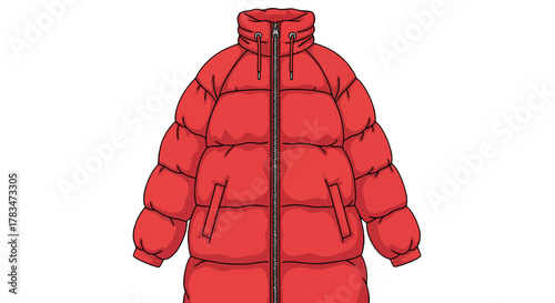 Stylish red puffer jacket vector illustration, offering excellent insulation and a cozy feel for cold weather, a blend of functional outerwear and modern fashion