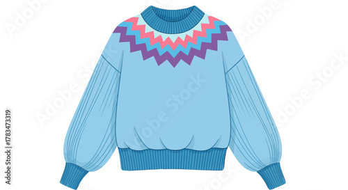 Cozy light blue winter sweater with a vibrant pink and purple zig-zag Nordic pattern, featuring voluminous pleated bishop sleeves and a ribbed hem