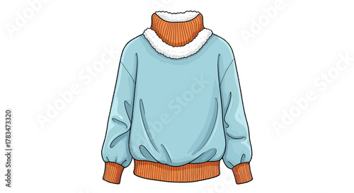 Cozy light blue long-sleeved winter sweater with warm orange ribbed trim and fluffy collar lining, perfect for chilly weather comfort and everyday stylish apparel