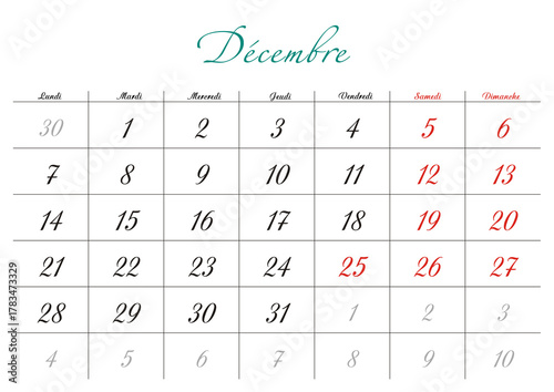 Minimalist French 2026 calendar with months and dates, clean typography design, white background