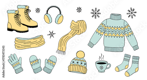 Hand-drawn vector illustration set of cozy winter clothing and accessories, perfect for cold weather fashion and seasonal comfort concepts