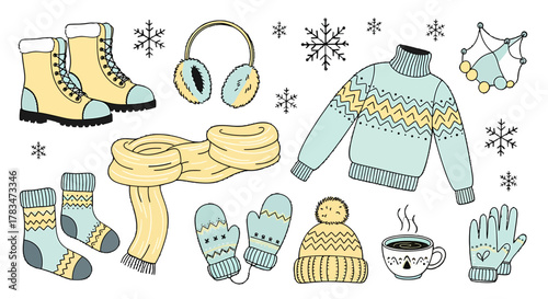 A charming hand-drawn collection of cozy winter clothing essentials and accessories, including sweaters, scarves, hats, gloves, boots, and warm drinks, perfect for cold weather season