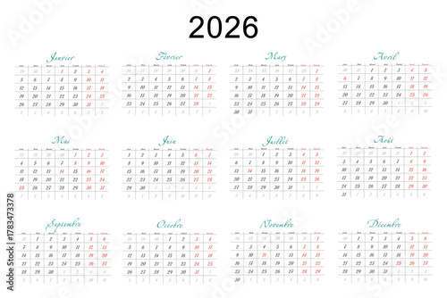 Minimalist French 2026 calendar with months and dates, clean typography design, white background