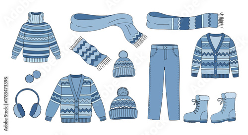 Collection of cozy winter clothing including sweaters, hats, scarves, earmuffs, pants, and boots
