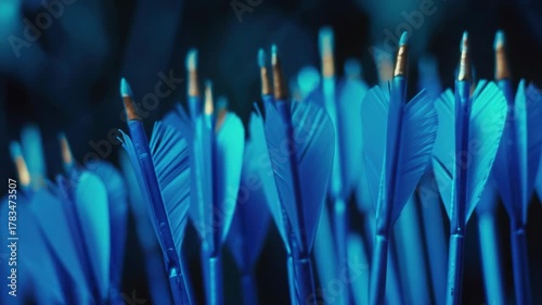 A collection of blue arrows with fletching and nock