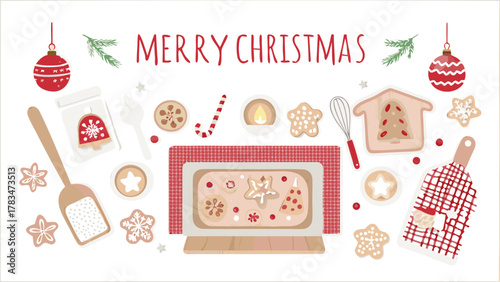 Festive christmas baking scene with gingerbread cookies ornaments and baking tools creating a joyful holiday atmosphere