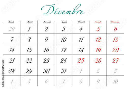Minimalist French 2026 calendar with months and dates, clean typography design, white background