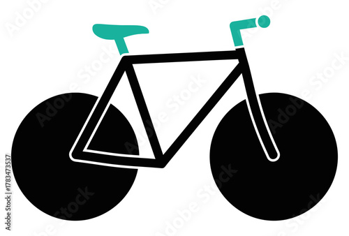 Stylized bicycle with black frame and wheels and teal handlebars and seat
