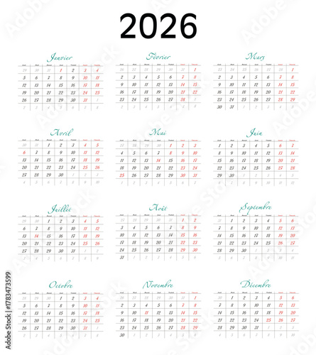 Minimalist French 2026 calendar with months and dates, clean typography design, white background