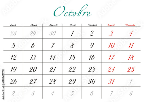 Minimalist French 2026 calendar with months and dates, clean typography design, white background