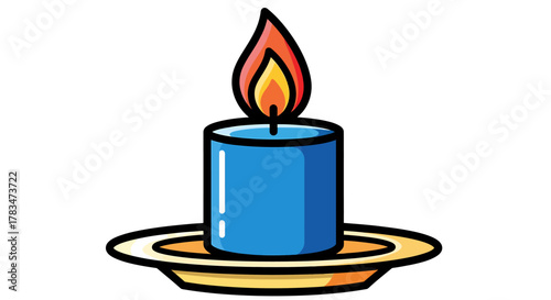 A vibrant blue candle with a warm, glowing flame rests on a golden saucer, symbolizing light and hope