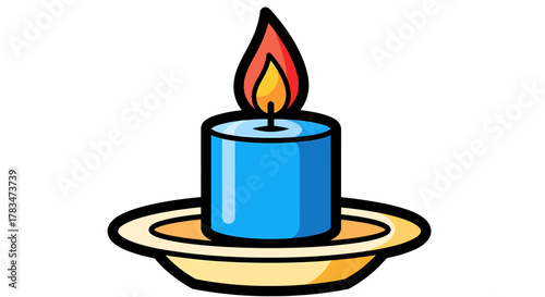 A lit blue candle on a saucer, emitting a bright flame, symbolizing light, warmth, and memory